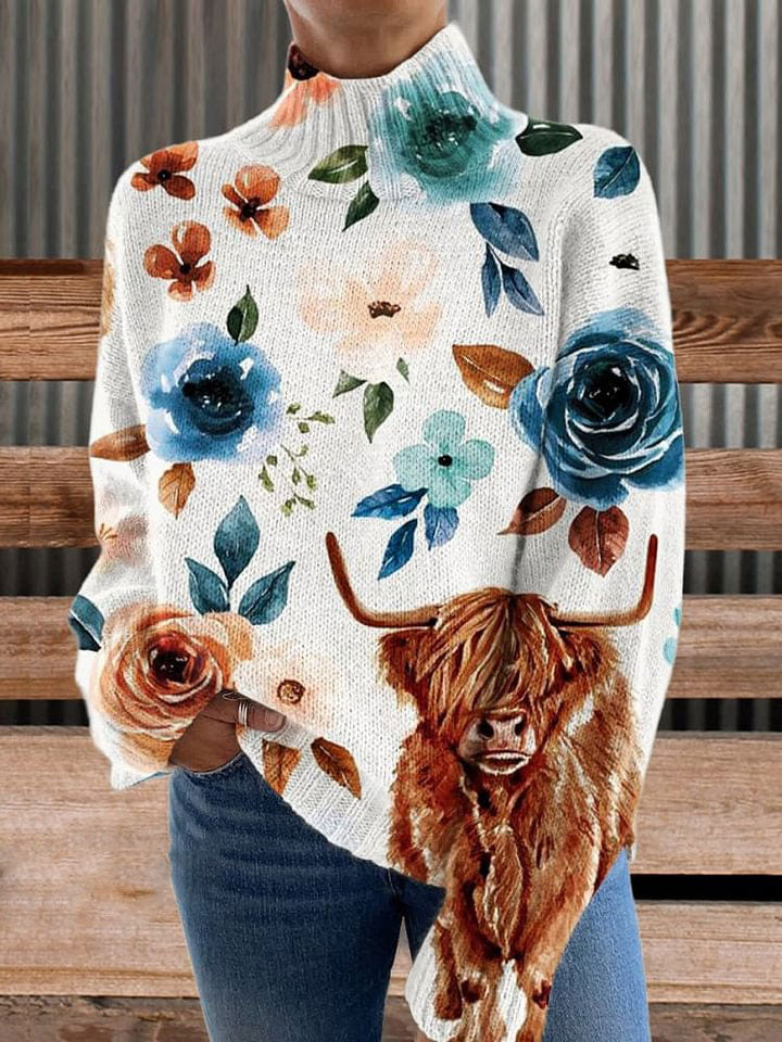 Retro Yak Flowers Print Knit Turtleneck Pullover Sweater