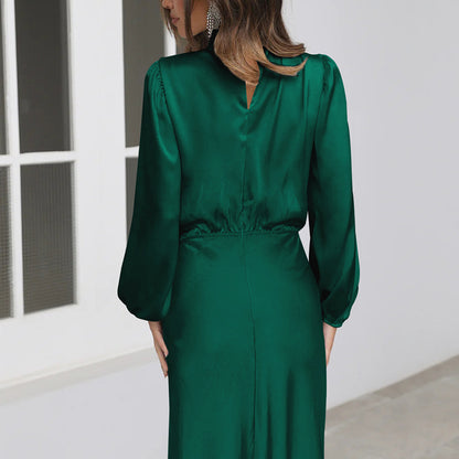 High-end Satin Long-sleeved Loose Dress, Elegant Women's Evening Dress