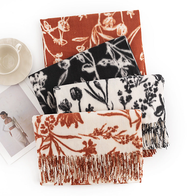 Classic Floral Print Soft Tassel Scarf