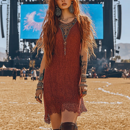 Music Festival Rock Rave Party Vintage Wasteland Ethnic Lace Tassel Floral Linen Dress