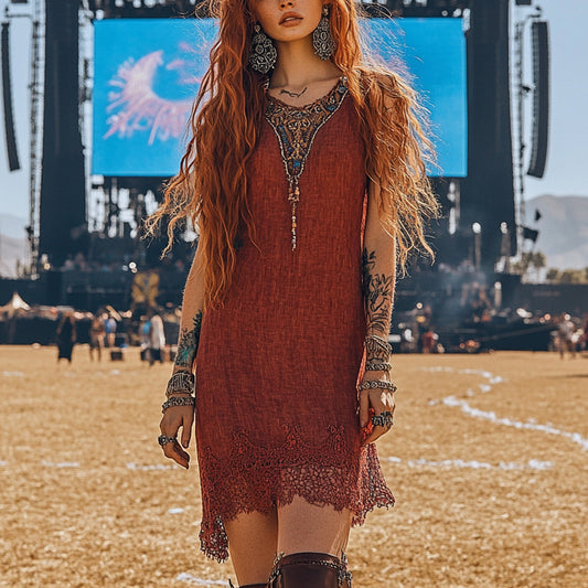 Music Festival Rock Rave Party Vintage Wasteland Ethnic Lace Tassel Floral Linen Dress