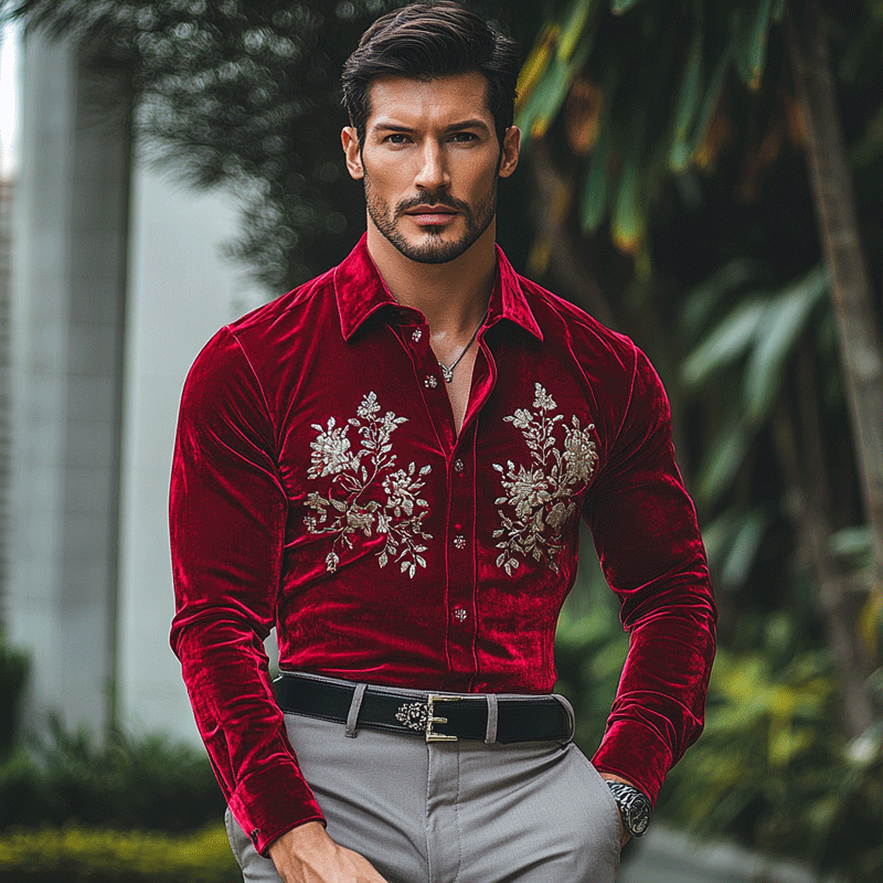 Men's Gentleman Regular Fit Crushed Embroidery Rose Red Velvet Shirt