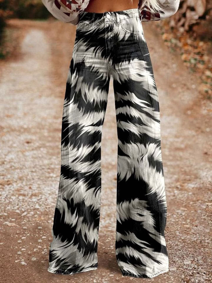 Women's Black and White Animal Pattern Print Casual Wide Leg Pants