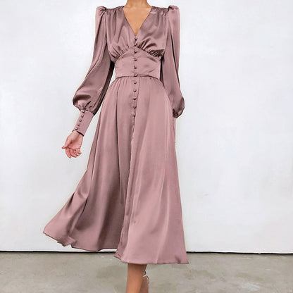 V-neck Satin Palace Waist Retro Long Dress