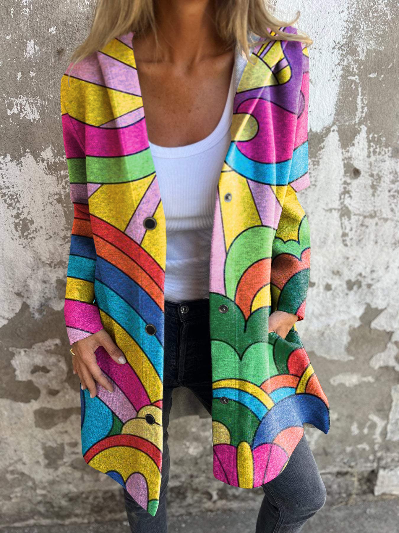 Retro Psychedelic Hippie Print Button Hooded Jacket