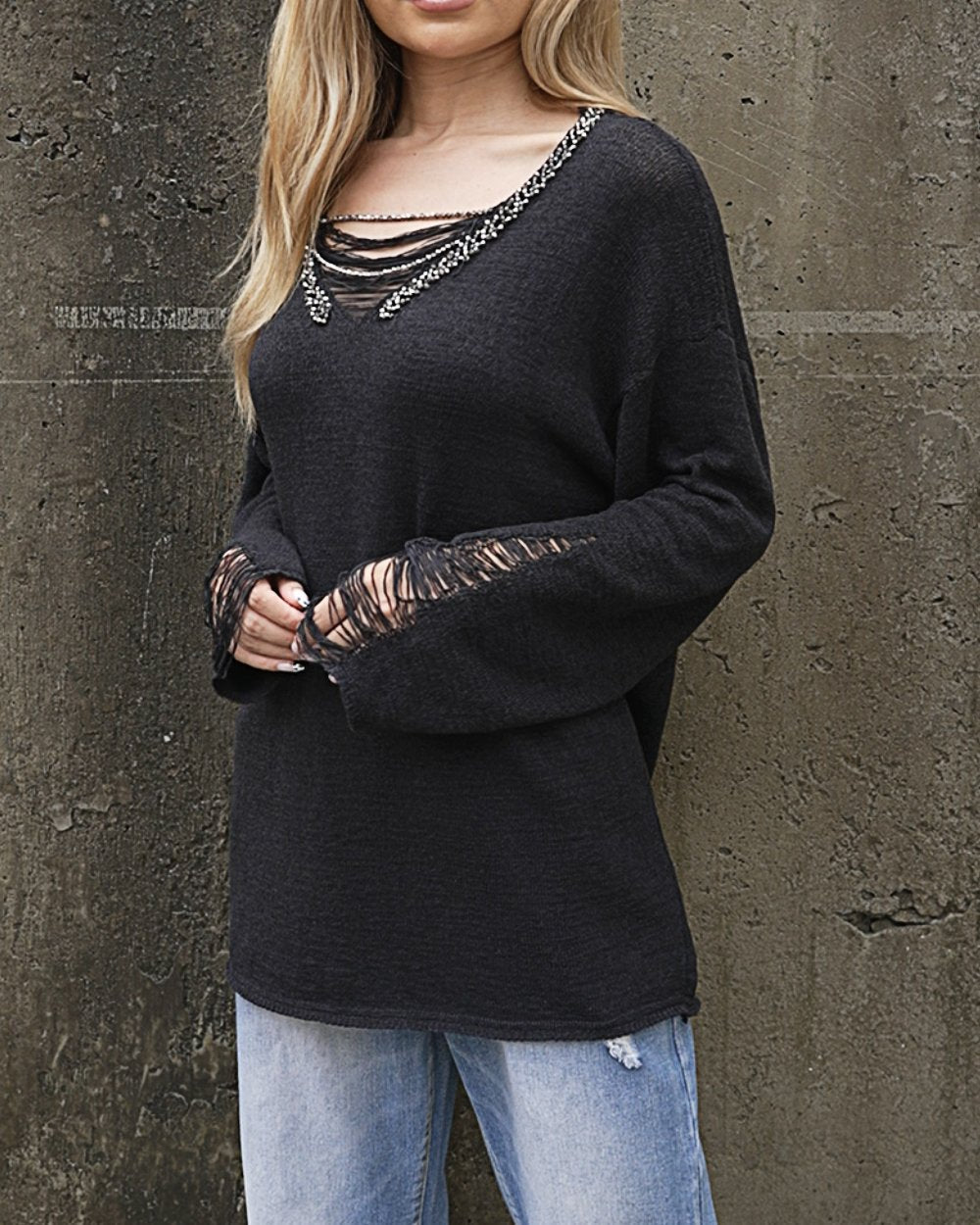 Women's Fashionable V-neck Beaded Sweater Tops