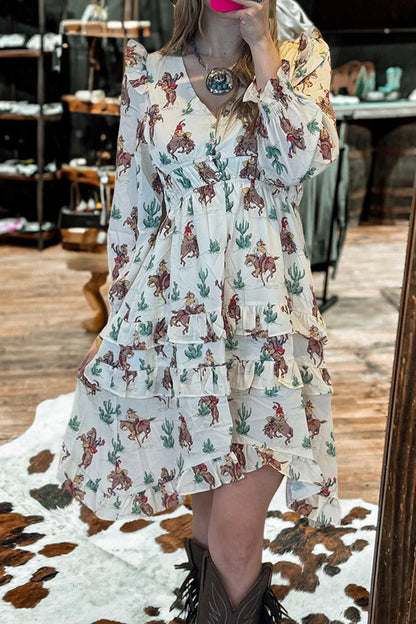 Pretty Western Print V Neck Ruffle Dress