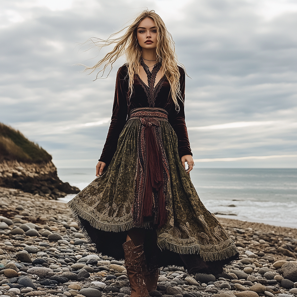 Breezy Bohemian Beach Vacation Autumn And Winter Velvet Ethnic Style Fluttering Dress