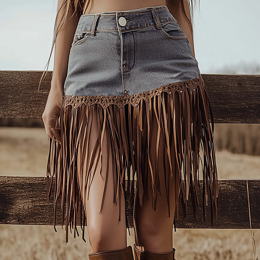 Retro Western Women's Tassel Skirt Sexy Tassel Cowboy Hip Skirt Punk Style Denim Skirt