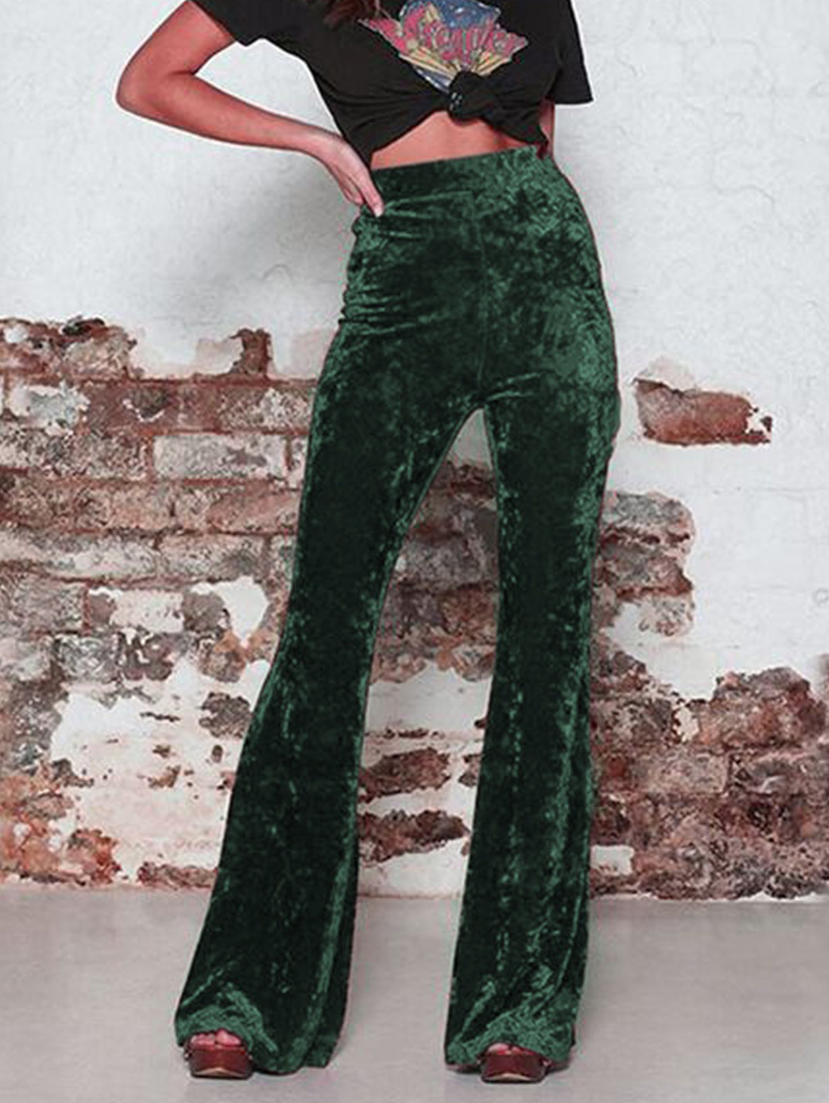 Casual High Waist Solid Velvet Flare Leg Pants