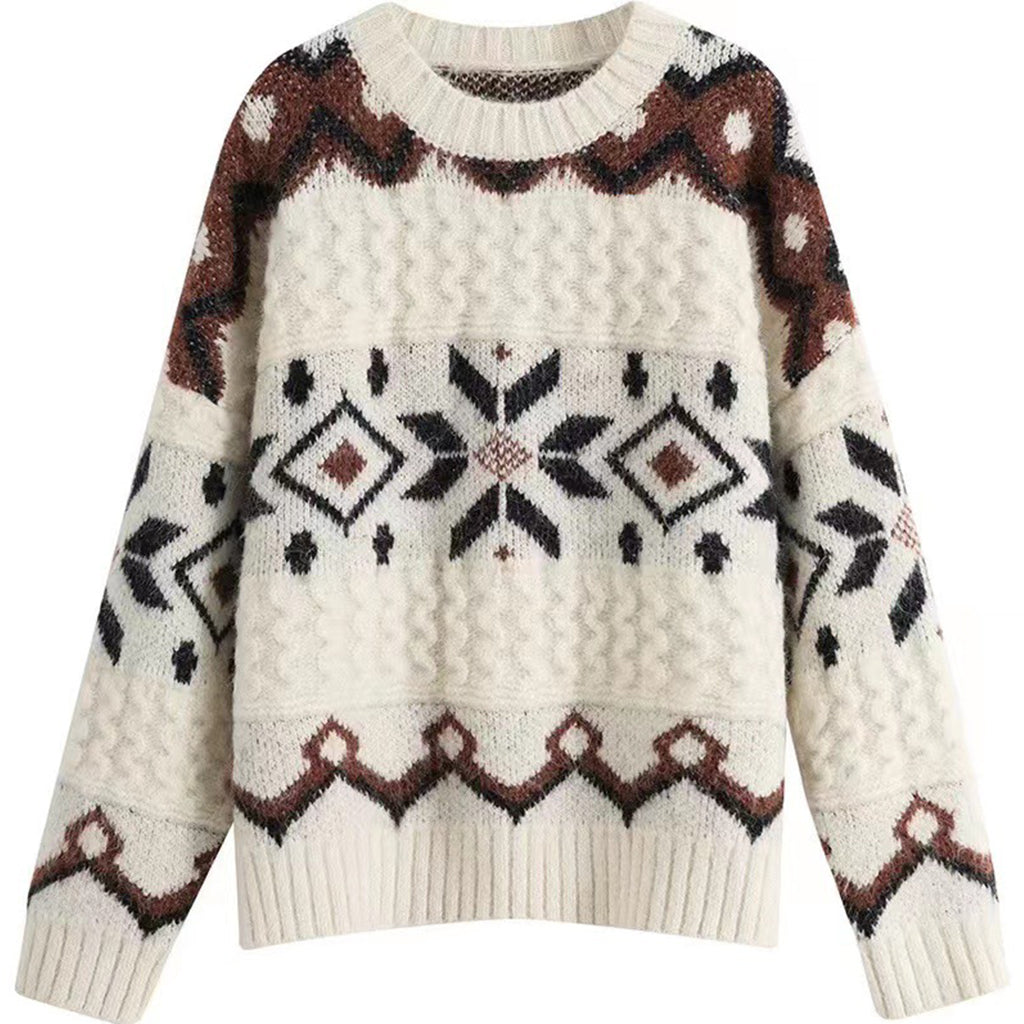 White Thick Tops Women Spring And Autumn Fair Isle Design Japanese Retro Temperament Sweater