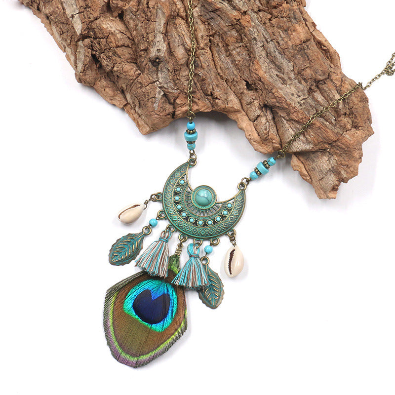 Women's Bohemian Peacock Feather Necklace