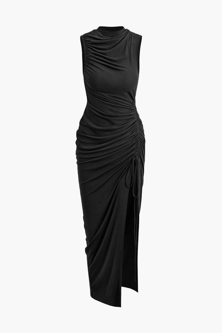 Ruched Drawstring Slit Sleeveless Maxi Dress