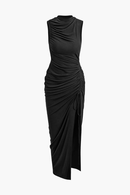 Ruched Drawstring Slit Sleeveless Maxi Dress