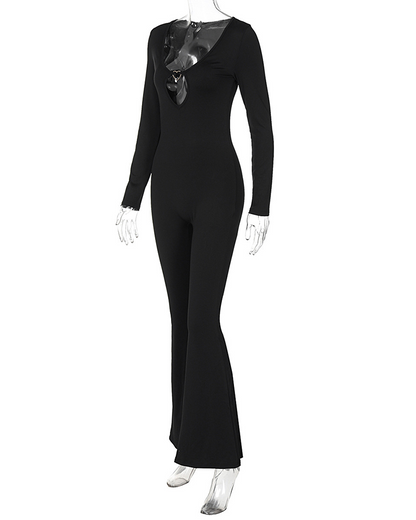 Long Sleeve V-Neck Tight Trim Jumpsuit