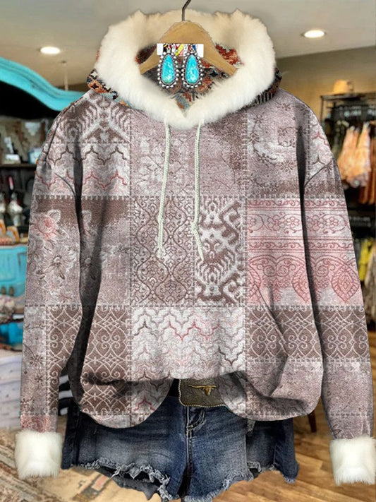 Pink Vintage Ethnic Pattern Print Imitation Rabbit Fur Trim Casual Hoodie Sweatshirt