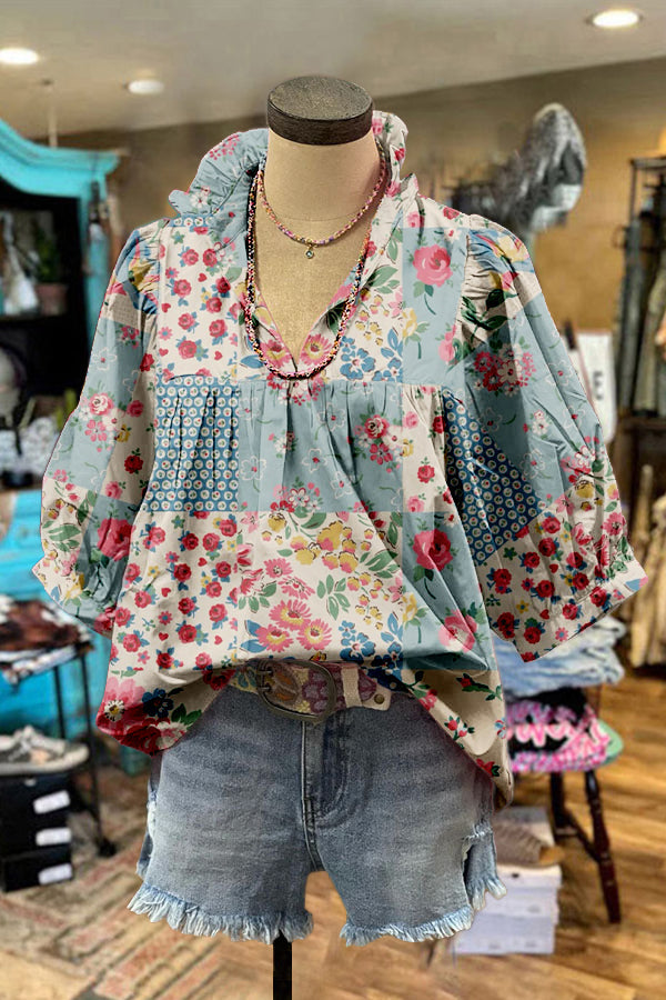 Cute Floral Print Puff Sleeve Blouse