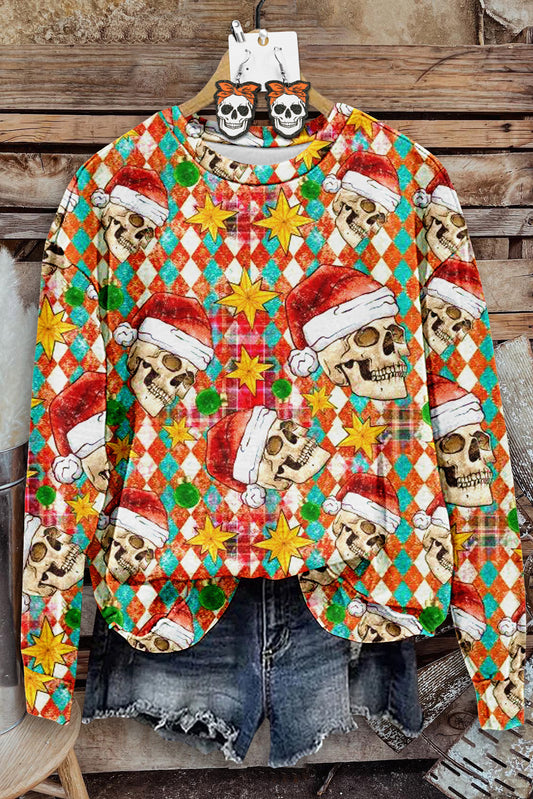 Classic Skull Santa Hat Plaid Print Long Sleeve Top