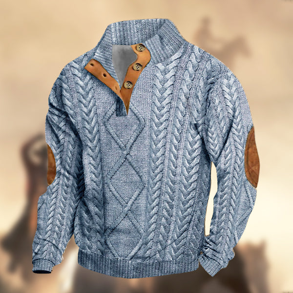 Men's Casual RetroWestern Knitt Prints Stand Collar Button Sweatshirt