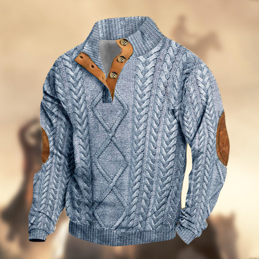 Men's Casual RetroWestern Knitt Prints Stand Collar Button Sweatshirt