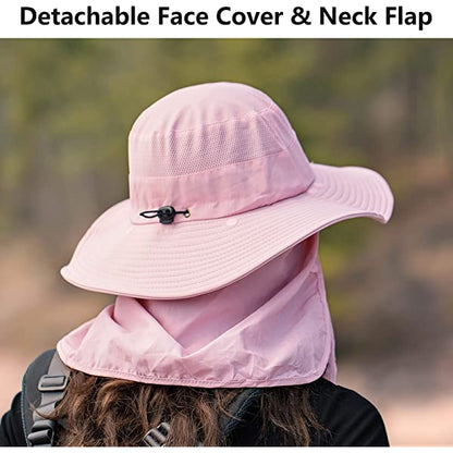 UPF 50+ Sun Fishing Hat for Men Women Wide Brim Hat with Detachable Face Cover & Neck Flap Khaki