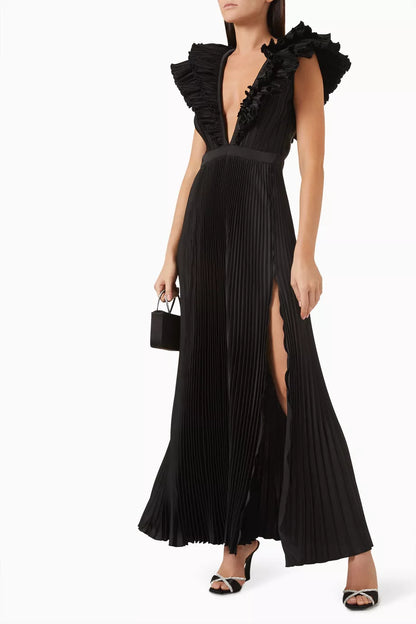 V-Neck Pleated Maxi Dress