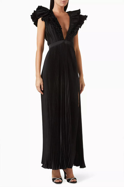 V-Neck Pleated Maxi Dress