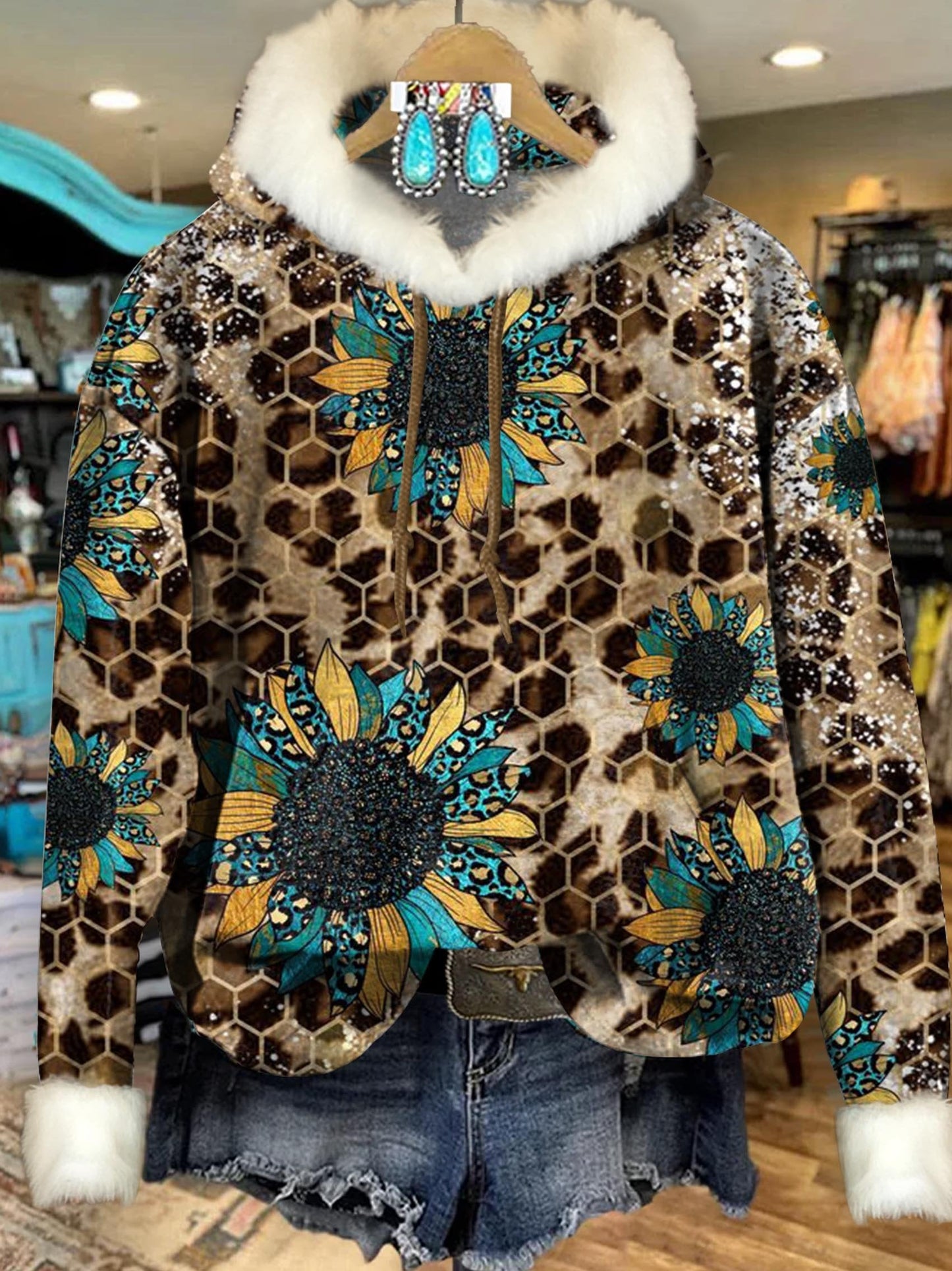 Intage Leopard Honeycomb Floral Art Print Imitation Rabbit Fur Trim Casual Hoodie Sweatshirt