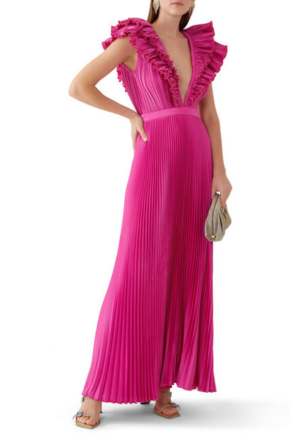 V-Neck Pleated Maxi Dress