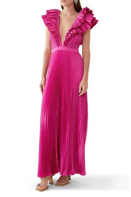 V-Neck Pleated Maxi Dress