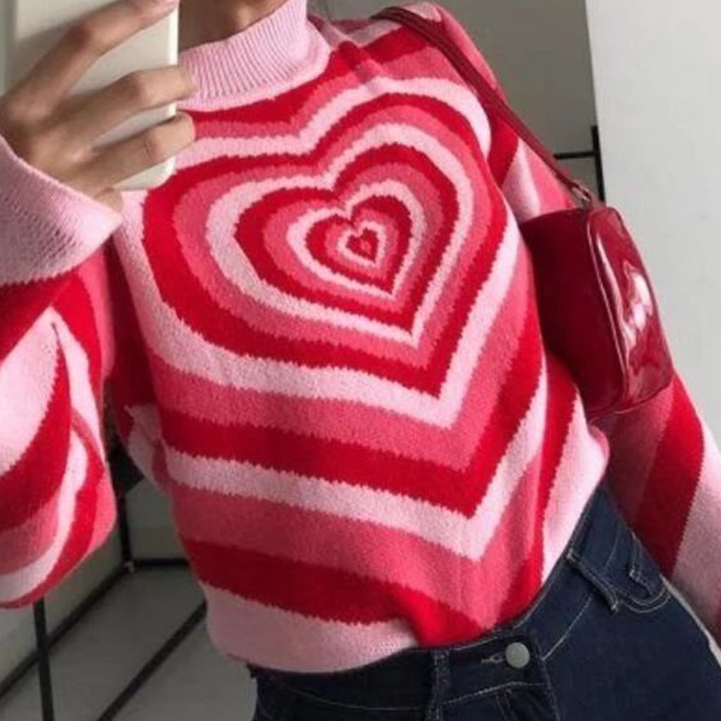 Women's Colorblock Love Heart Sweater Retro Sweetheart Half Turtleneck Slim Fit Pullover Long Sleeve Knitted Cardigan Wo