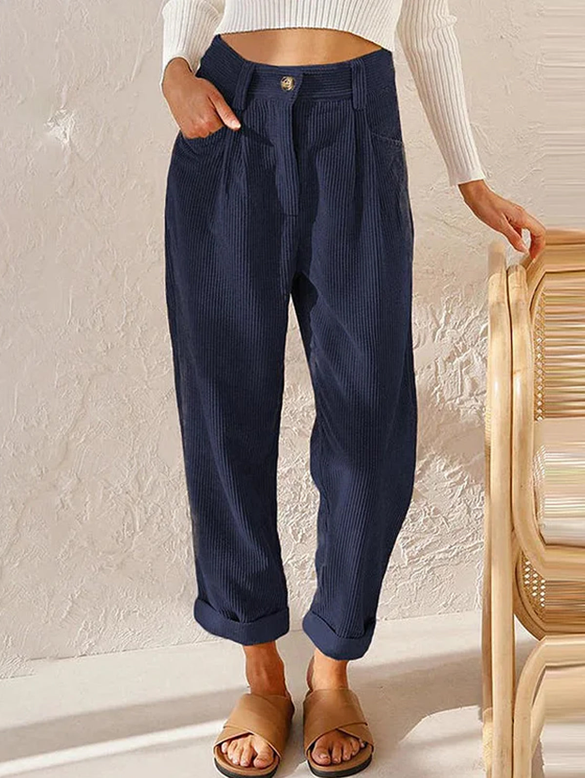 Casual Solid High Waist Pocket Straight Leg Corduroy Pant