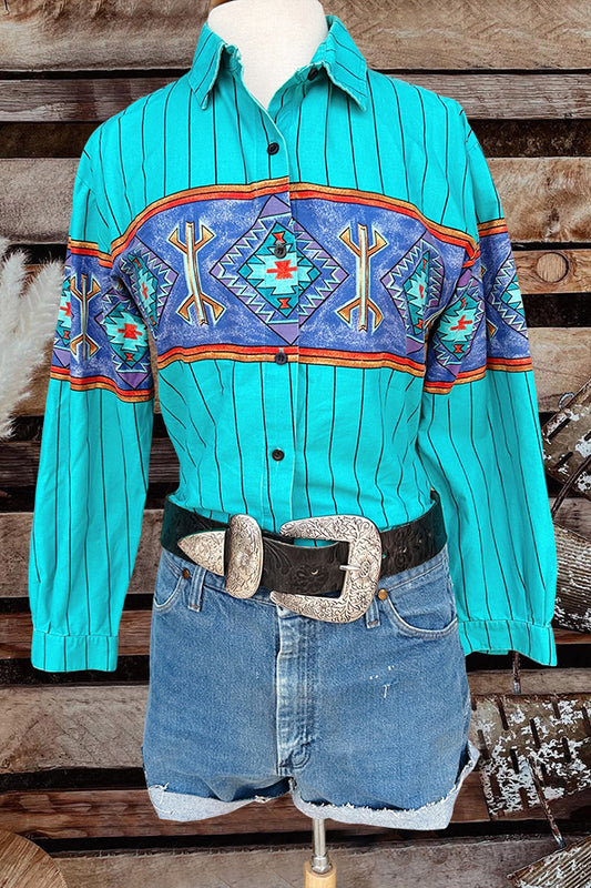 Vintage Striped Print Turquoise Shirt