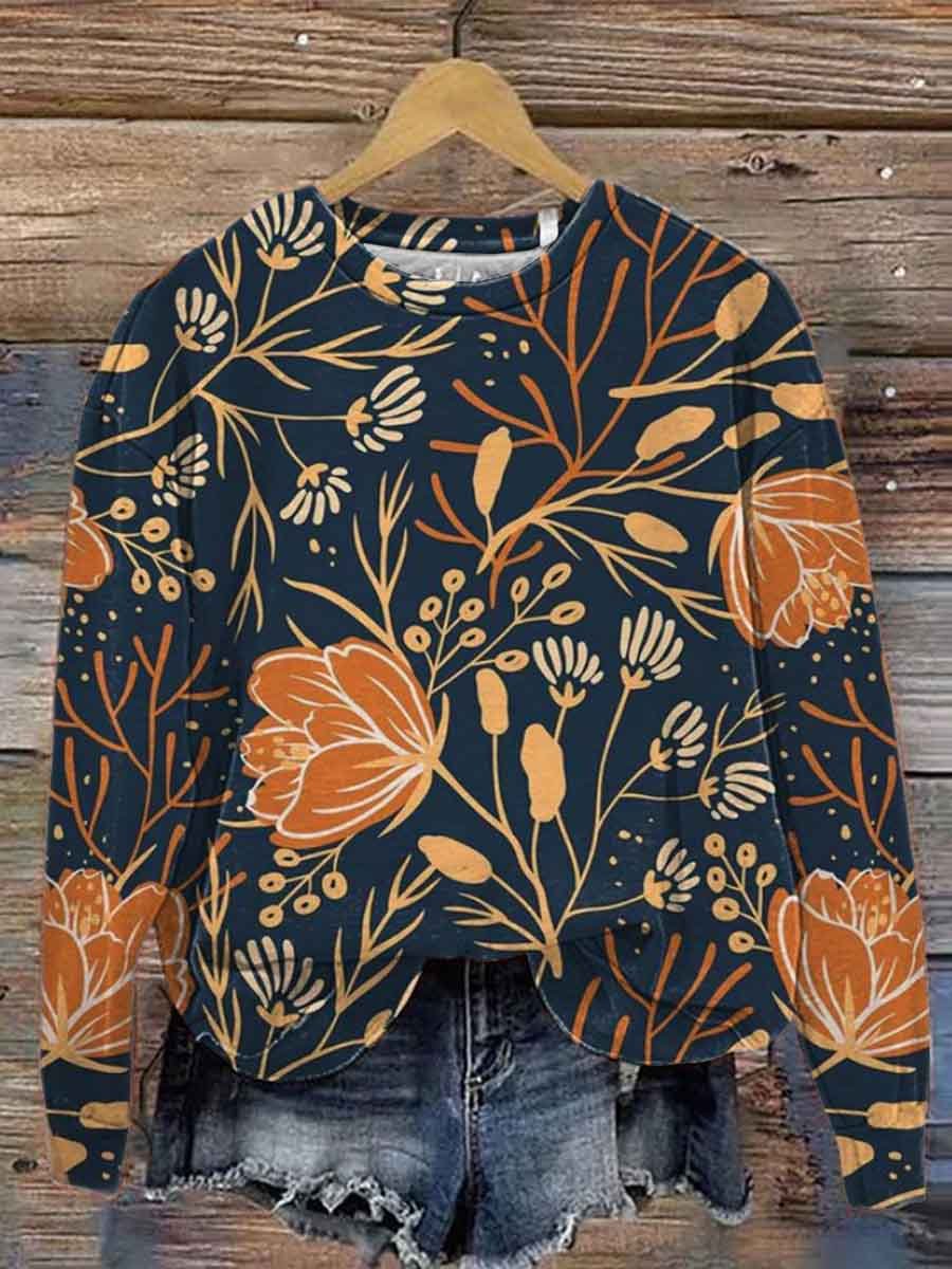 Women's Crew Neck Vintage Floral Print Casual Sweatshirt