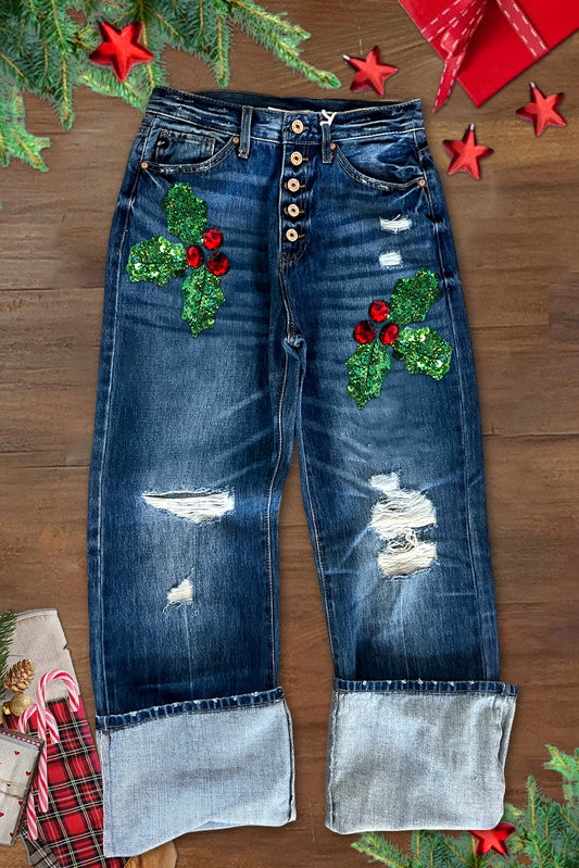 Classic Christmas Holly Print Ripped High Rise Jeans