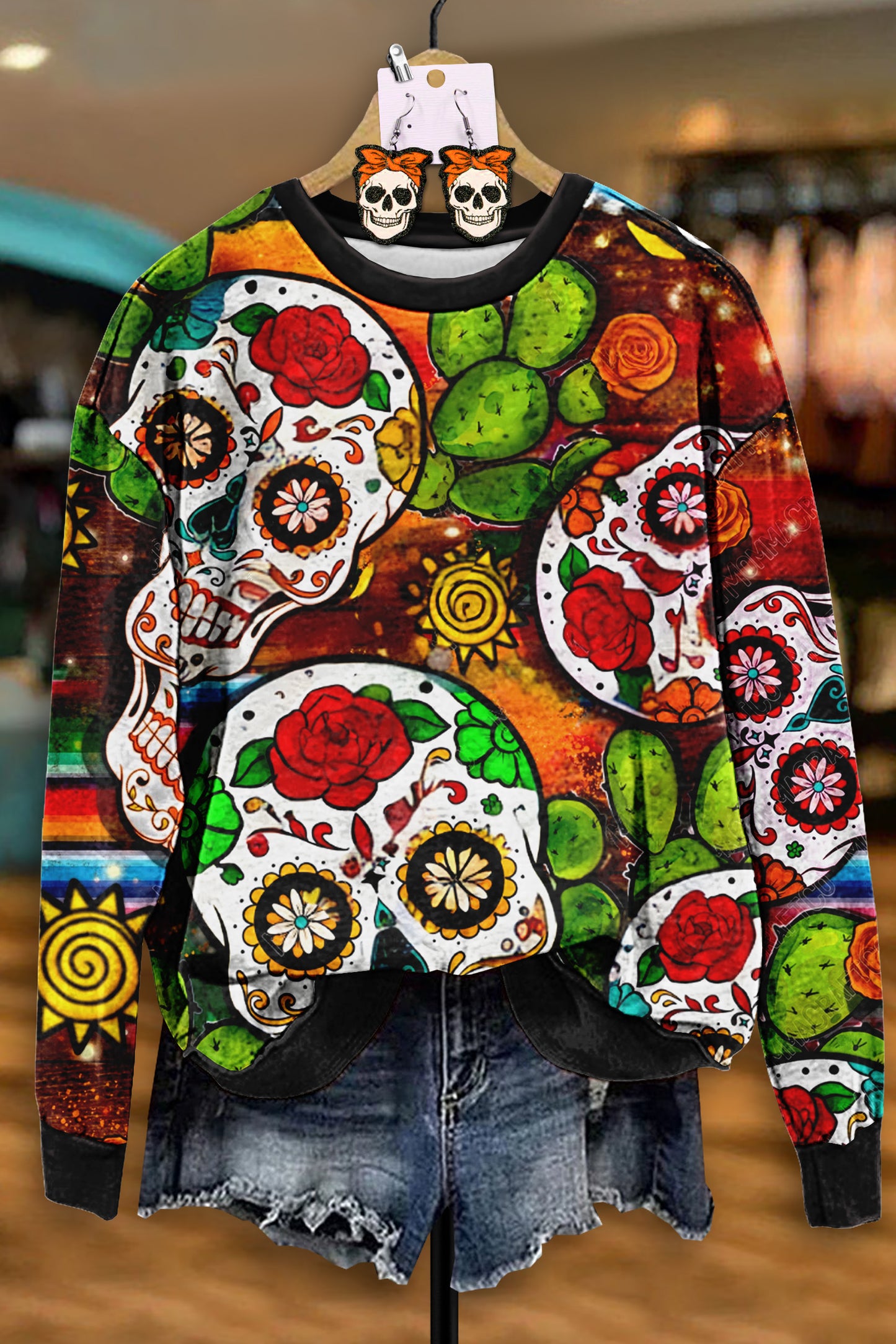 Retro Western Skull Cactus Print Sweatshirt