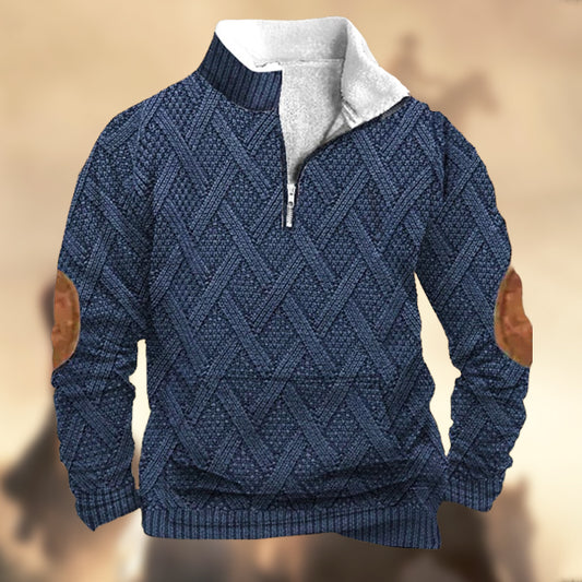 Men's Vintage Country Western Knitt Print Zipper Stand Collar Casual Kangaroo Pocket Sweatshirt