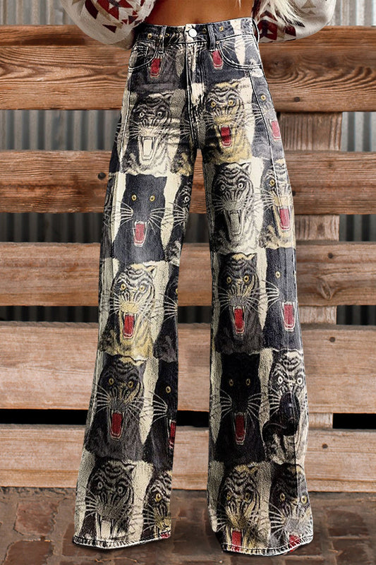 Vintage Hand-Painted Tiger Art Print Casual Wide Leg Pants