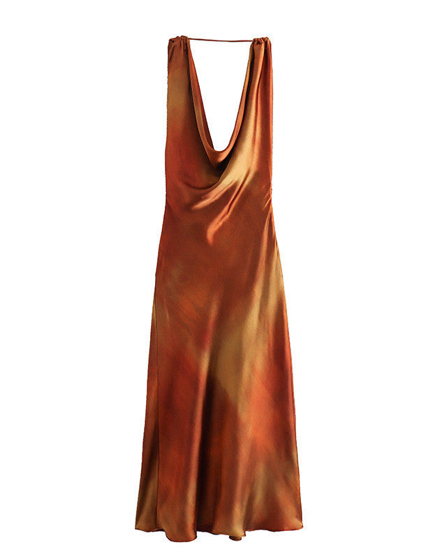 Scoop-Neck Silk Satin Tie Dye Dress