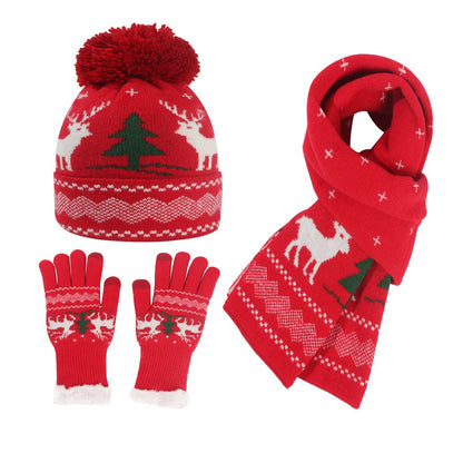 Unisex Christmas Elk Hat, Neck Scarf And Gloves Knitted Set