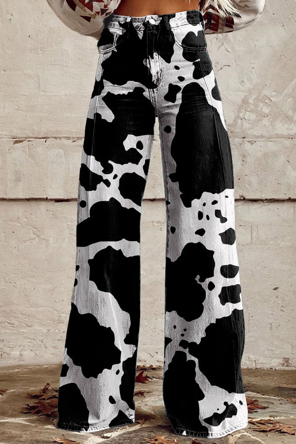 Classic Cow Print Wide Leg Pants