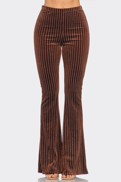 Brown Velvet Flare Bell Bottom Pants with Glitter Detail 31" inseam