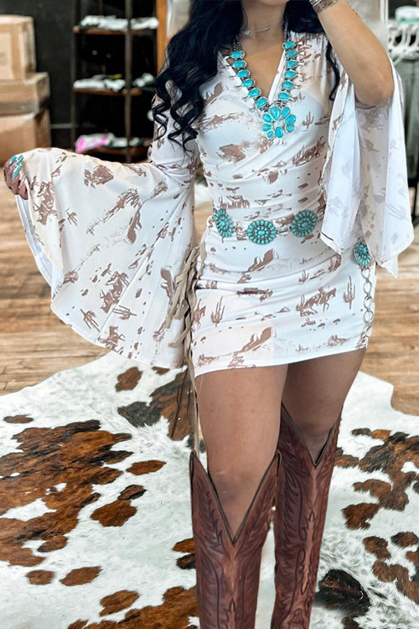 Wide-Sleeve Printed Fringed Wrap Dress