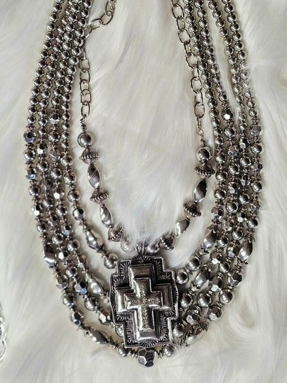 Silver Tone Cross Necklace Set