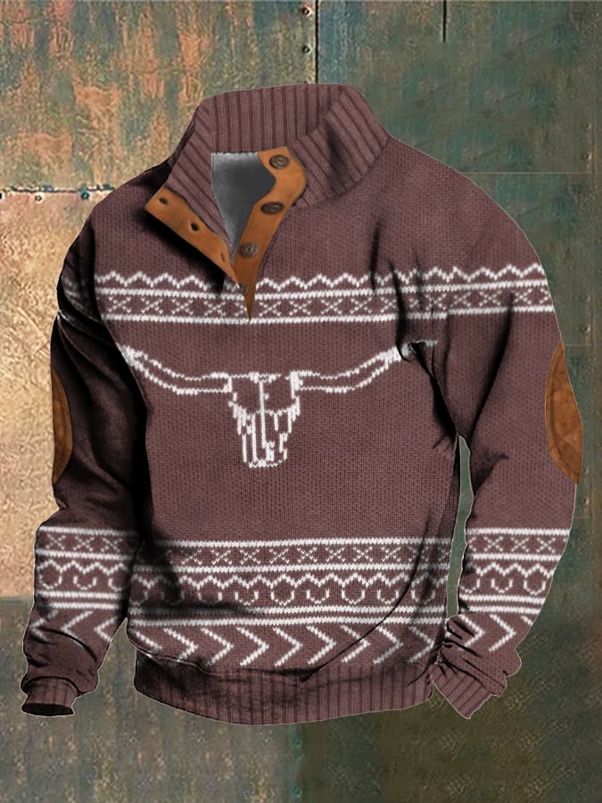 Men's Retro Western Knitted Print Stand Collar Sweatshirt