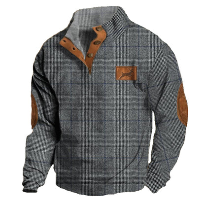 Men's Vintage Country Check Jacquard Elk Logo Print Henley Stand Collar Sweatshirt