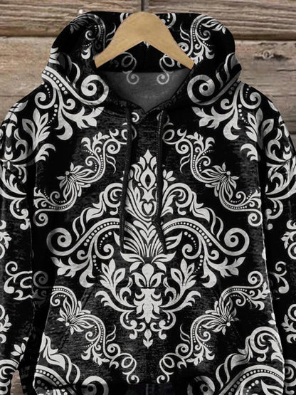 Vintage Floral Symmetrical Pattern Printed Casual Hoodie Sweatshirt