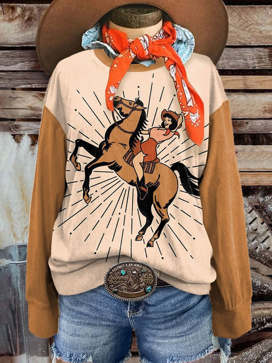 Women's Vintage Cowgirl Art Print Corduroy Sweatshirt