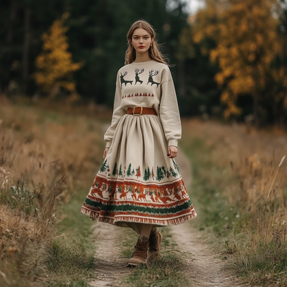 Women's Round Neck Sweatshirt + Long Skirt Suit Christmas Floral Suit