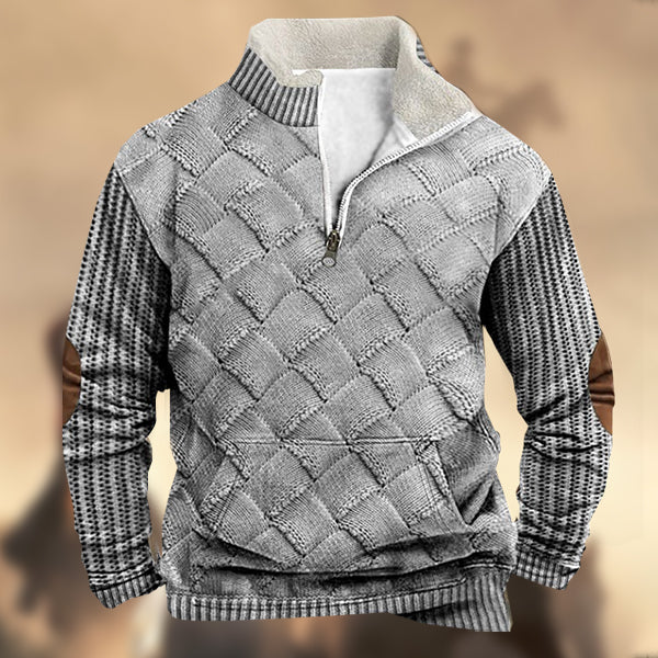 Men's Vintage Western Knit Print Zipper Stand Collar Kangaroo Pocket Casual Sweatshirt